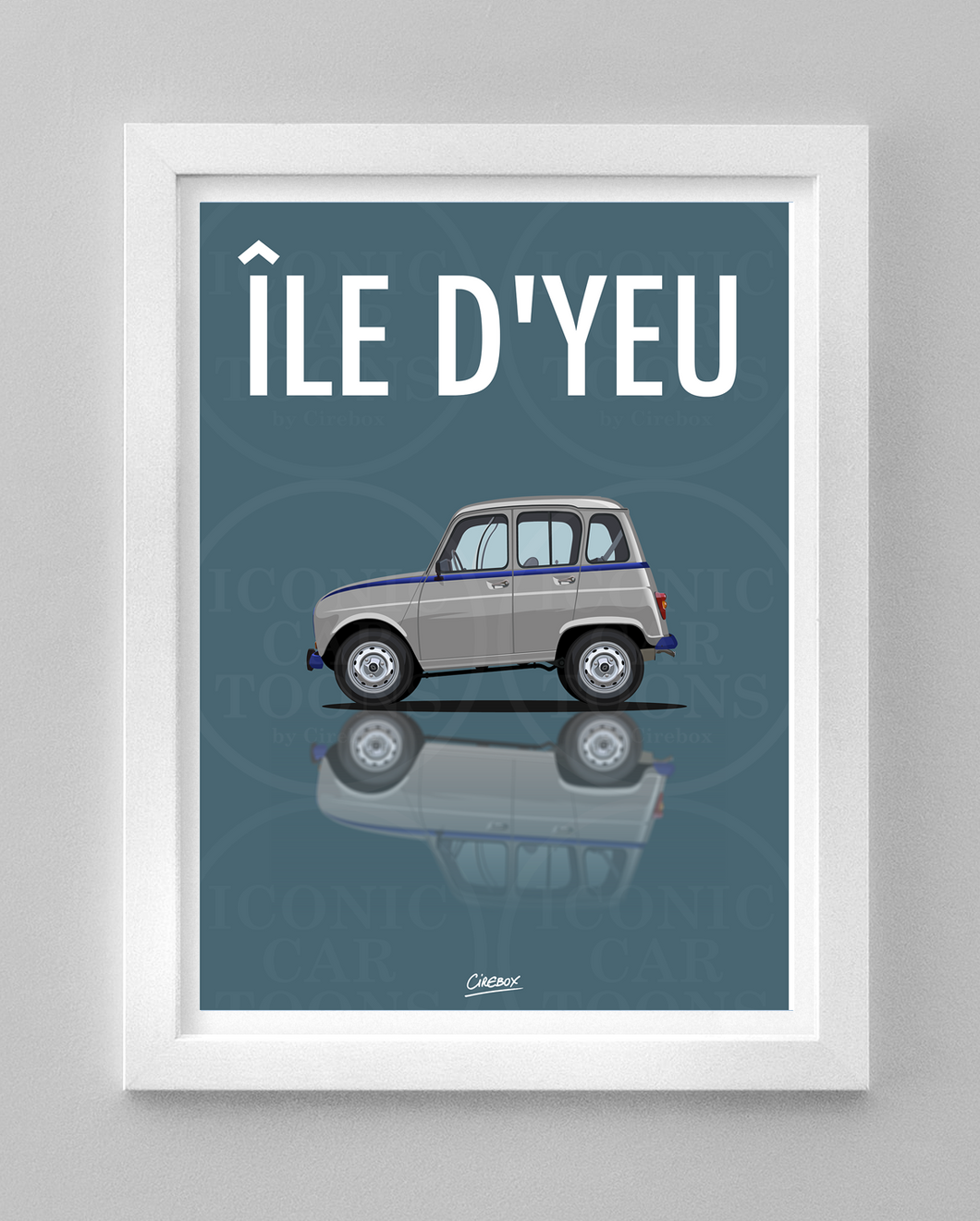 Affiche ICONIC voiture RENAULT 4L grise Ile d'Yeu