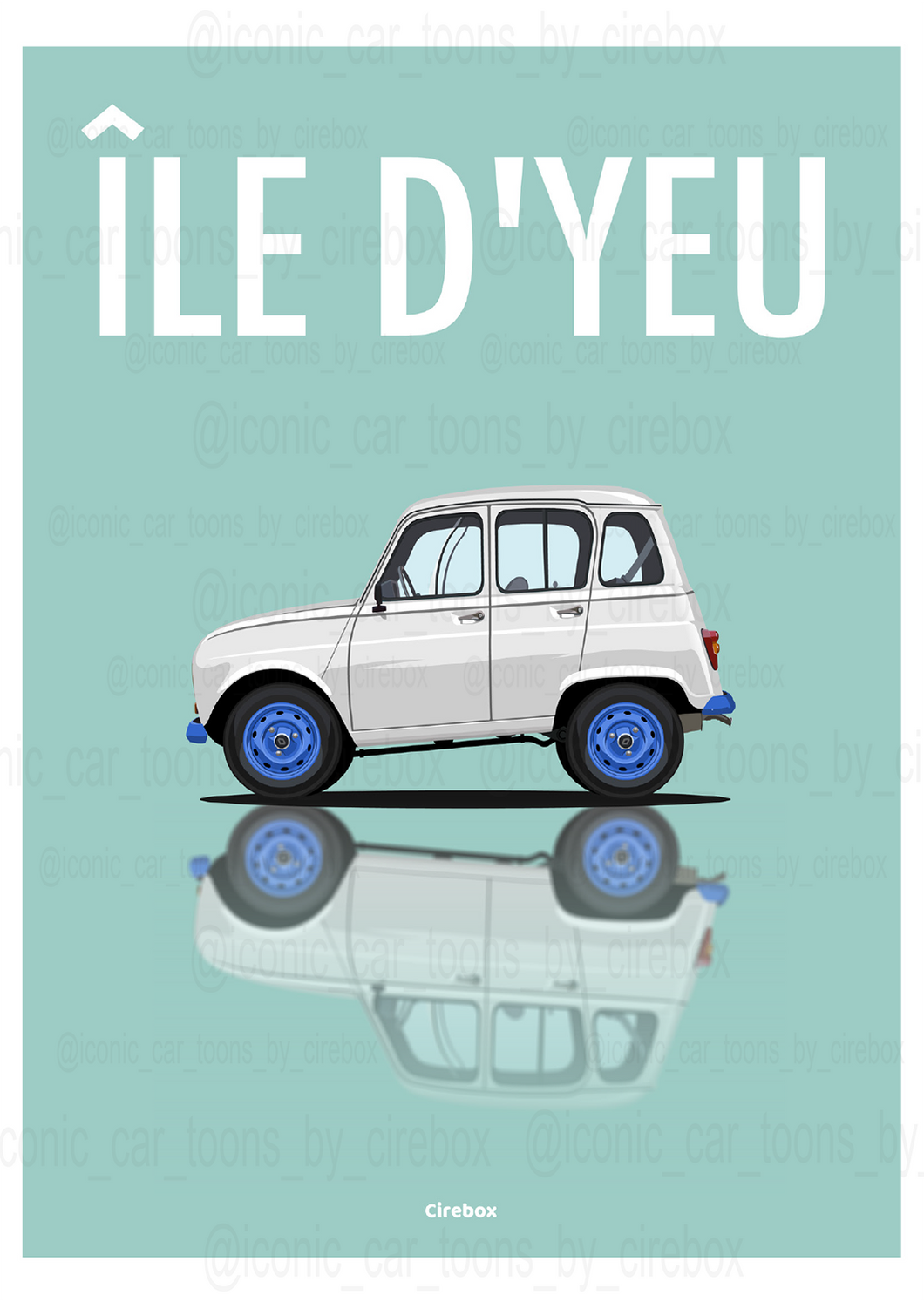 Affiche ICONIC voiture RENAULT 4L blanche Ile d'Yeu