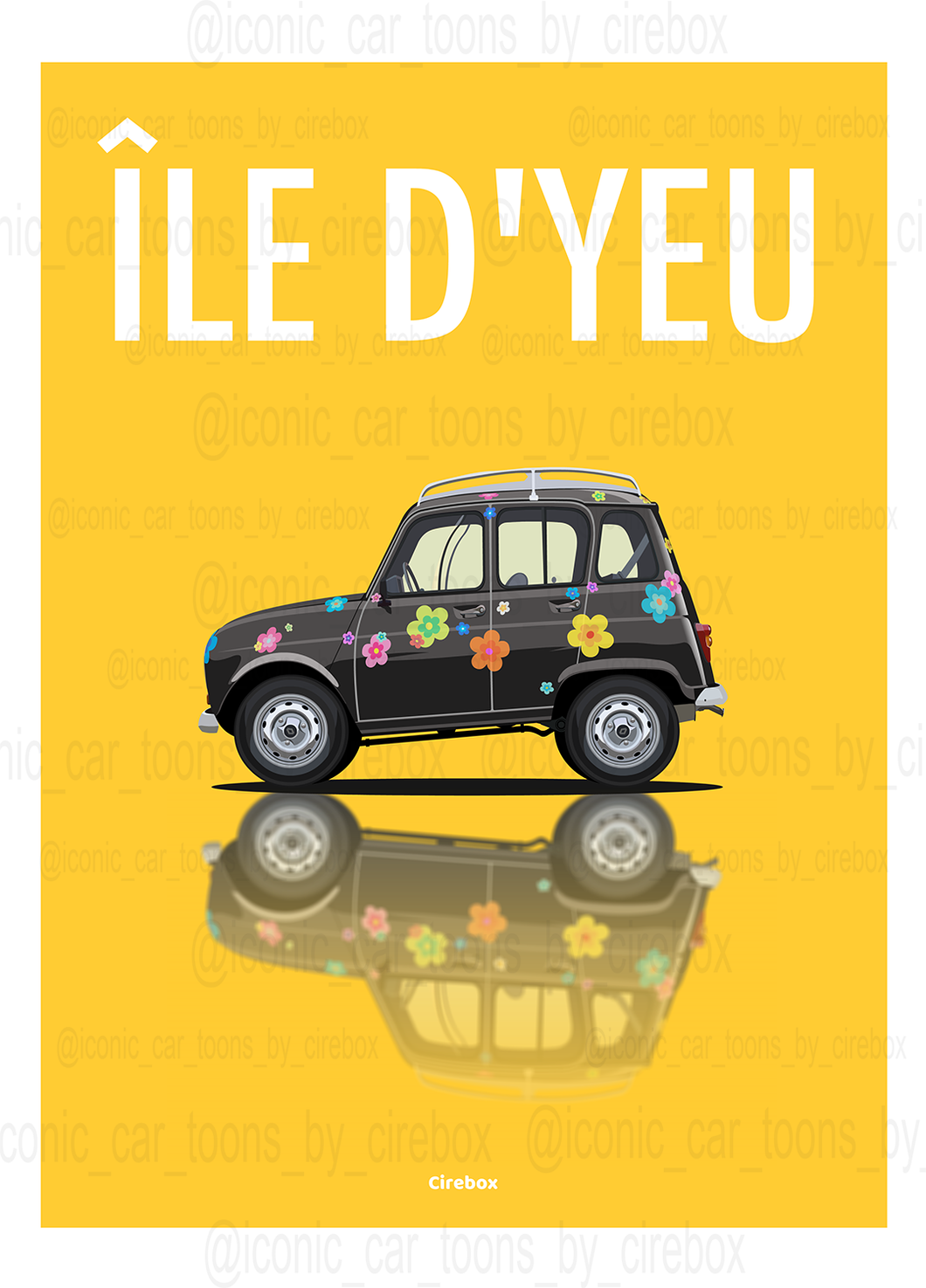 Affiche ICONIC voiture RENAULT 4L noire Ile d'Yeu
